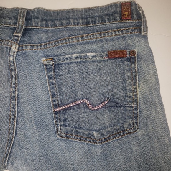 7 FOR ALL MANKIND Distressed Pink Rhinestone Pocket Jeans Size 31 - Picture 3 of 9